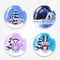 Christmas, new year round glass crystall ball globe set with cute cartoon snowman, winter house and snow isolated on white backgro