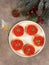 Christmas and New Year\\\'s dishes, a set of canapes for the festive table. Plate with tartlets of pate and red salmon caviar