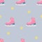 Christmas and New Year seamless pattern. Blue background with pink skates in vector.