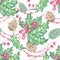 Christmas and New Year seamless pattern with twig berry and leaves, conifer, cone and decor on white background