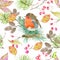 Christmas and New Year seamless pattern with winter bird, cone, berry and conifer on white background