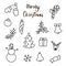 Christmas New Year symbols: pine, gift, candy, deer, bell, toy, lettering, Holly berry, snow man, cane, mitten, bauble.