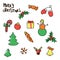 Christmas New Year symbols: pine, gift, candy, deer, bell, toy, lettering, Holly berry, snow man, cane, mitten, bauble.