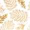 Christmas or new year texture composition. Pattern made of golden leaves on white background. Flat lay, top view, copy