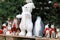 Christmas and New Year toys and decorations in store. Funny beautiful polar bear, penguin, reindeer, Santa Claus, dolls in