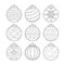 Christmas and New Year tree decorations, ornaments, set of balls coloring page black and white isolated on white background