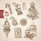 Christmas New Year tree handdrawn vintage retro vector objects