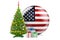 Christmas and New Year in the USA, concept. Christmas tree and gift boxes with the United States flag, 3D rendering