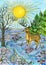 Christmas and New Year watercolor illustration with deer and rabbit in scenic winter forest in sunny day. Seasonal greeting card