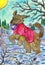 Christmas and New Year watercolor illustration with playful happy puppy or dog playing in the snow winter forest. Seasonal