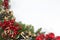 Christmas and New Year on a white background, for branches with cones and decorations in snow flakes, place for text. New Year`s