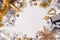 Christmas and New Year white background with champagne, sparklers, silver and golden decorations. Party celebration