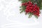 Christmas and New Year on a white background, fir branches and red rowan berries, place for text. New Year card for