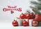 Christmas and New Year white background. Xmas pine fir branch, gifts box, decoration. Ornaments balls hanging and ribbon. Bright