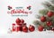 Christmas and New Year white background. Xmas pine fir branch, gifts box, decoration. Ornaments balls hanging and ribbon. Bright