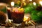 Christmas, New Year, Xmas mulled red wine with spices, cranberry and oranges. Traditional hot drink or beverage