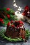 Christmas, New Year, Xmas or Noel chocolate bundt cake with glaze decorated with fresh berries and rosemary