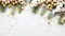 Christmas New Years banner fir tree branches covered with snow pine cones golden berries on white background. Template