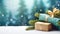 Christmas New Years banner with wrapped gift boxes green fir tree branches snow on blue background. Template