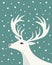 Christmas New Years card with white deer falling snow on teal background. Vintage farmhouse style. Vector illustration