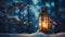 Christmas New Years greeting card with lit vintage lantern in snow in night winter forest. Cozy festive magical atmosphere