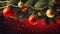 Christmas New Years greeting card long banner with fir tree branches red ornaments balls garland on dark crimson background.