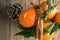 Christmas New Years greeting card poster with fresh raw tangerines on stem with green leaves cinnamon stick in box pine cone