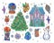 Christmas and New Years set. Watercolor christmas with tree,toys,packaging,snowman,mulled wine,snow,house,snowglobe