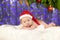 Christmas newborn baby in santa hat. Winter child on winter wonderland background of blurred lights