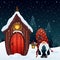 Christmas night scene with gnome and his magical house