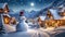 Christmas Night in Village. Snow Man, Ice Mountain, Snow Houses.Concept Art Scenery.