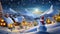 Christmas Night in Village. Snow Man, Ice Mountain, Snow Houses.Concept Art Scenery.