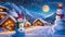 Christmas Night in Village. Snow Man, Ice Mountain, Snow Houses.Concept Art Scenery.