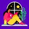 Christmas night in the window - colorful flat design style illustration