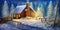 Christmas Night Winter Warm Cabin. Snow land. Fantasy Backdrop.