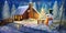 Christmas Night Winter Warm Cabin. Snow land. Fantasy Backdrop