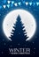 Christmas nighttime greeting. Winter landscape with coniferous forest and full moon