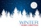 Christmas nighttime greeting. Winter landscape with coniferous forestand full moon