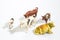 Christmas objects, plastic animals cow for nativity diorama isolated in a white background