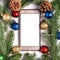 Christmas online shopping. Smartphone mockup with white blank screen. Colorful balls, fir and pine cones