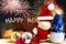 Christmas ornament and toy doll on fireworks backgrounds