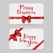 Christmas ornamental Card Templates with Shiny holiday red satin ribbon bow. Vector New Year template for vouchers, gift cards