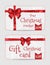 Christmas ornamental Cards with Shiny holiday red satin ribbon. New Year template for greetings, invitations, vouchers, gift cards