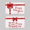 Christmas ornamental Cards with Shiny holiday red satin ribbon. New Year template for greetings, invitations, vouchers, gift cards