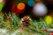 Christmas ornaments on old wooden table light bokeh