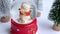 Christmas Ornaments rotation. Christmas toy ball with snow and little Christmas tree on white background.