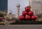 Christmas Ornaments, trees with lights, and the iconic Reunion Tower in downtown Dallas, Texas.