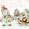 Christmas outdoor illustration with pretty little snowman