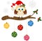 Christmas owl on holly branch with glass balls