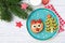 Christmas pancake in a shape of reindeer made of fresh fruits and berries and kiwi christmas tree. Healthy food for kids ideas.